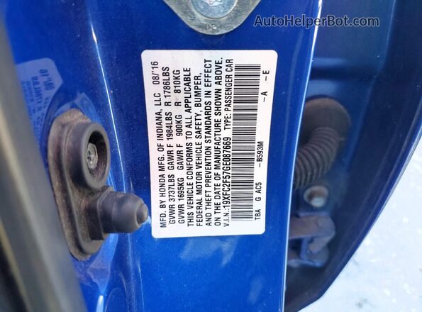 19XFC2F57GE087669 2016 HONDA CIVIC Blue Вид підкапотного простору