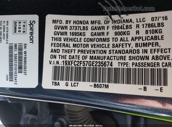 19XFC2F57GE235674 2016 HONDA CIVIC Gray Widok komory silnika