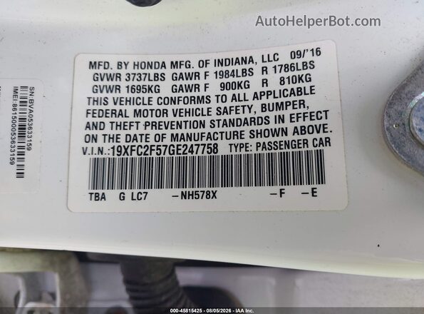 19XFC2F57GE247758 2016 HONDA CIVIC White Շարժիչի բաժամունքի տեսք