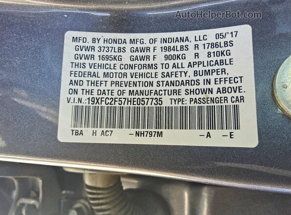 19XFC2F57HE057735 2017 HONDA CIVIC Gray Vista de la etiqueta del VIN
