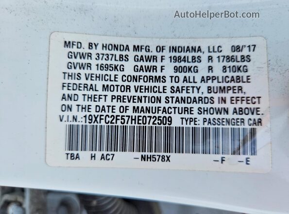 19XFC2F57HE072509 2017 HONDA CIVIC White Շարժիչի բաժամունքի տեսք