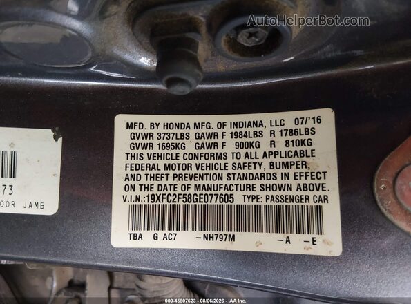 19XFC2F58GE077605 2016 HONDA CIVIC Серый Вид подкапотного пространства