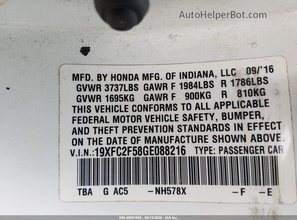 19XFC2F58GE088216 2016 HONDA CIVIC White Vista del compartimento del motor