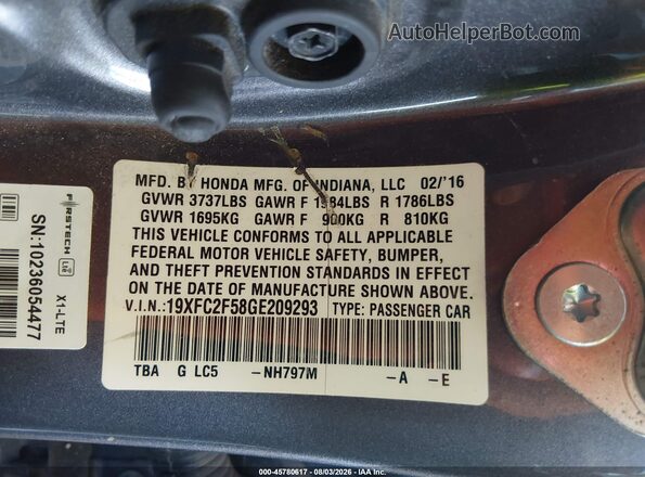 19XFC2F58GE209293 2016 HONDA CIVIC Gray Engine compartment view