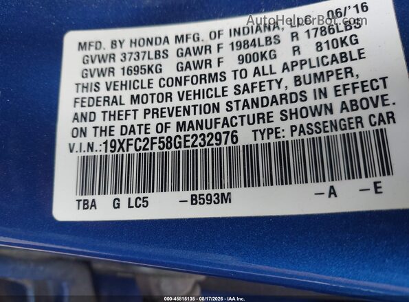 19XFC2F58GE232976 2016 HONDA CIVIC Синий Вид подкапотного пространства