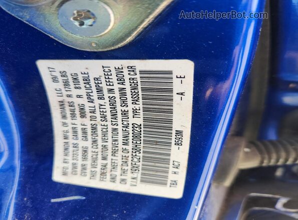 19XFC2F58HE080232 2017 HONDA CIVIC Blue ძრავის განყოფილების ხედი