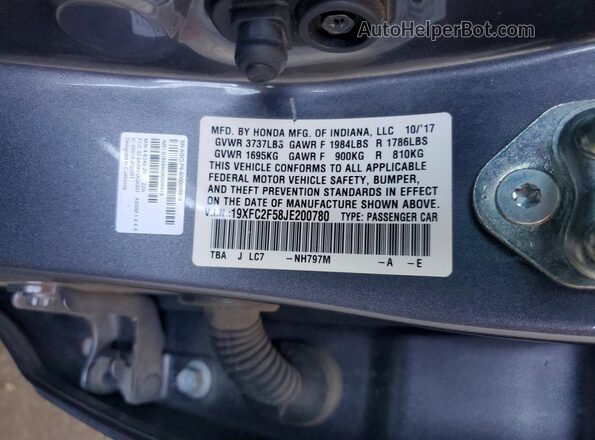 19XFC2F58JE200780 2018 HONDA CIVIC Gray Вид підкапотного простору