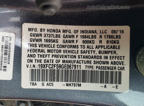 19XFC2F59GE067911 2016 HONDA CIVIC Gray Widok komory silnika