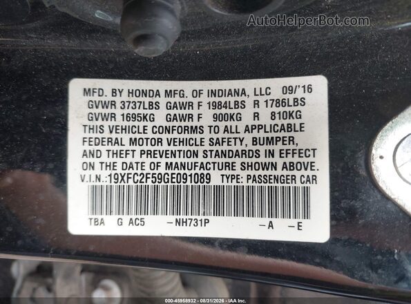 19XFC2F59GE091089 2016 HONDA CIVIC Black ძრავის განყოფილების ხედი