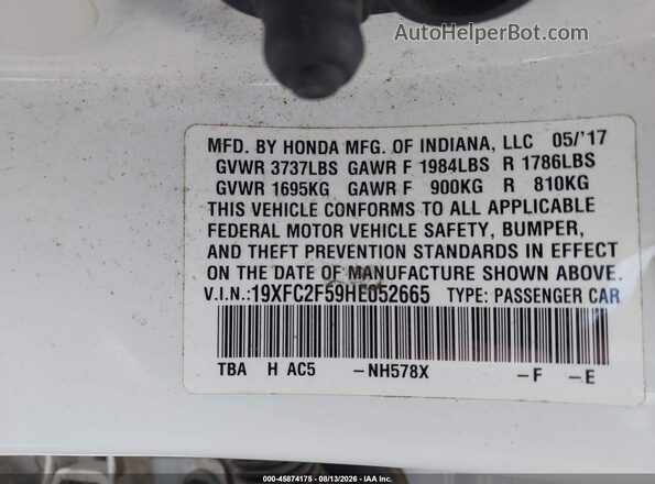 19XFC2F59HE052665 2017 HONDA CIVIC White Vista del compartimento del motor