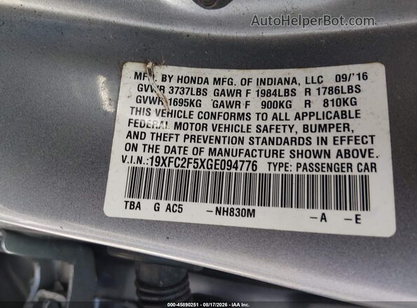 19XFC2F5XGE094776 2016 HONDA CIVIC Silver Շարժիչի բաժամունքի տեսք