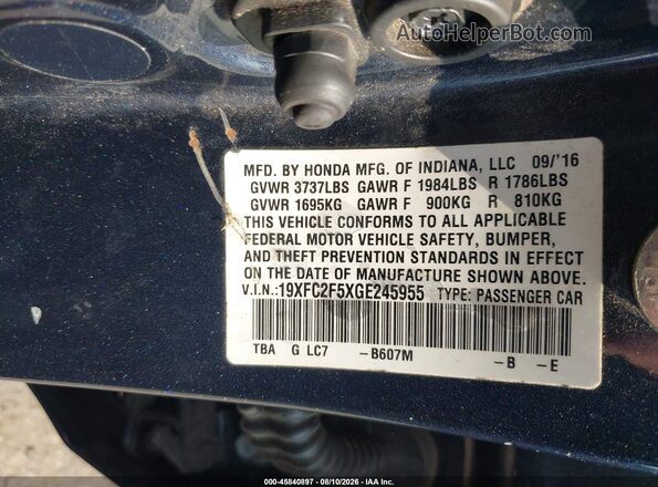 19XFC2F5XGE245955 2016 HONDA CIVIC Blue Շարժիչի բաժամունքի տեսք