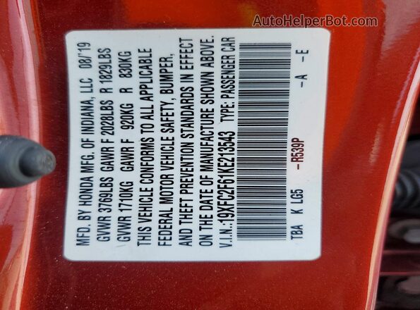 19XFC2F61KE213543 2019 HONDA CIVIC Red ძრავის განყოფილების ხედი