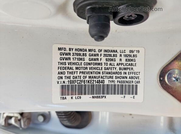 19XFC2F61KE214840 2019 HONDA CIVIC White VIN კოდის სტიკერის ხედი