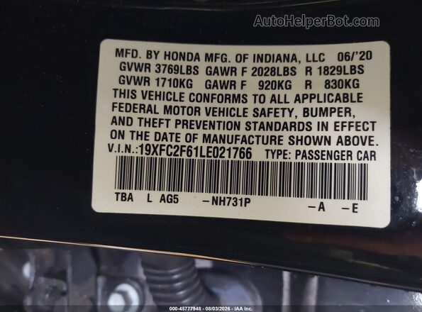 19XFC2F61LE021766 2020 HONDA CIVIC Black Widok komory silnika
