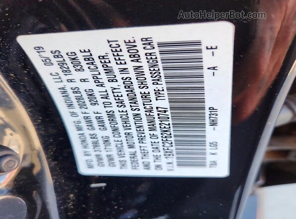 19XFC2F62KE210747 2019 HONDA CIVIC Black Вид наклейки з VIN-кодом