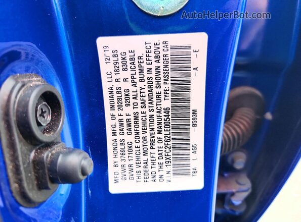 19XFC2F62LE005446 2020 HONDA CIVIC Blue Vista del compartimento del motor