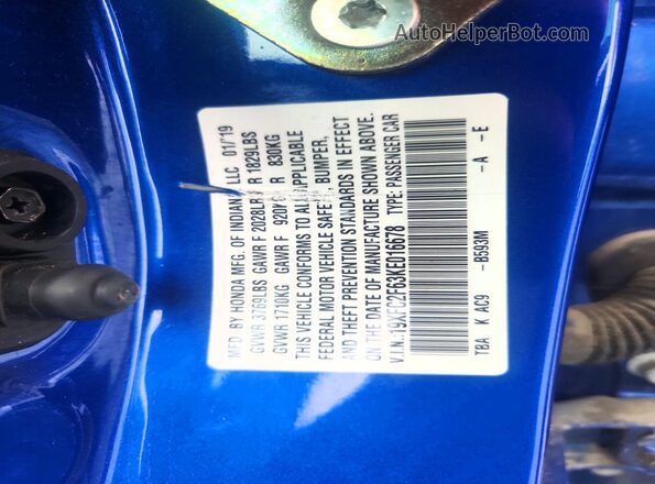 19XFC2F63KE016678 2019 HONDA CIVIC Синий Вид подкапотного пространства