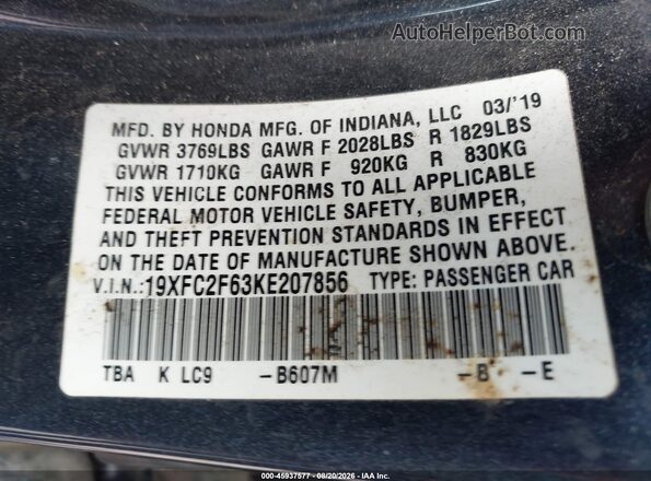 19XFC2F63KE207856 2019 HONDA CIVIC Черный Вид подкапотного пространства