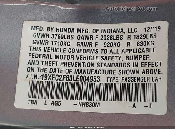 19XFC2F63LE004953 2020 HONDA CIVIC Silver Вид підкапотного простору