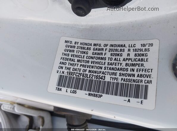 19XFC2F63LE216543 2020 HONDA CIVIC Белый Вид подкапотного пространства