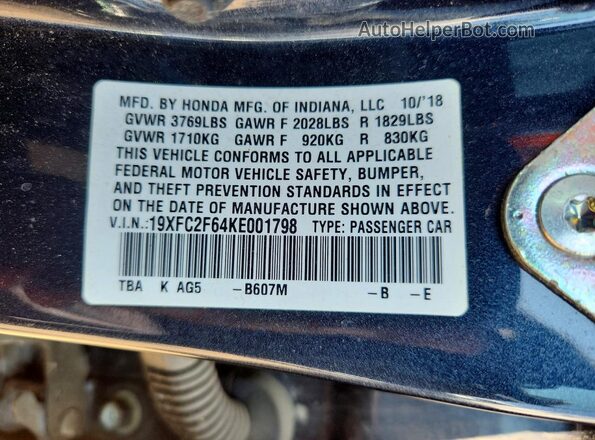 19XFC2F64KE001798 2019 HONDA CIVIC Blue Vista de la etiqueta del VIN