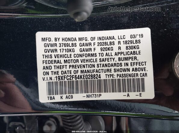 19XFC2F64KE028824 2019 HONDA CIVIC Black Widok komory silnika