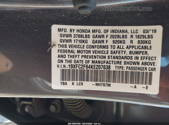19XFC2F64KE207638 2019 HONDA CIVIC Gray Շարժիչի բաժամունքի տեսք