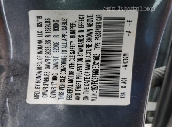 19XFC2F66KE021602 2019 HONDA CIVIC Gray Engine compartment view