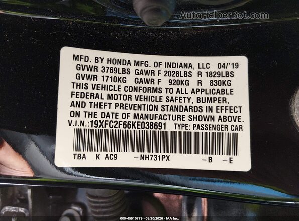 19XFC2F66KE038691 2019 HONDA CIVIC Black Vista del compartimento del motor