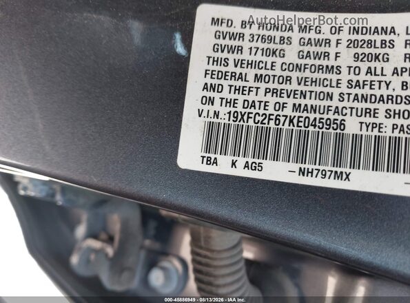 19XFC2F67KE045956 2019 HONDA CIVIC Blue Vista del compartimento del motor