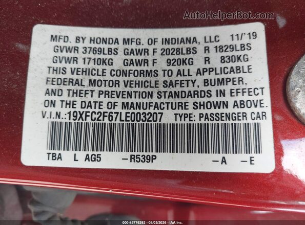 19XFC2F67LE003207 2020 HONDA CIVIC Red Engine compartment view