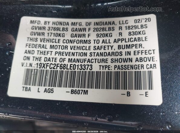 19XFC2F68LE013373 2020 HONDA CIVIC Dark Blue Вид підкапотного простору