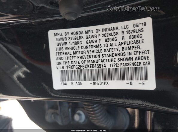 19XFC2F6XKE043974 2019 HONDA CIVIC Black ძრავის განყოფილების ხედი