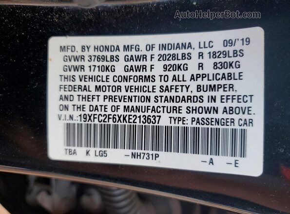 19XFC2F6XKE213637 2019 HONDA CIVIC Черный Вид подкапотного пространства