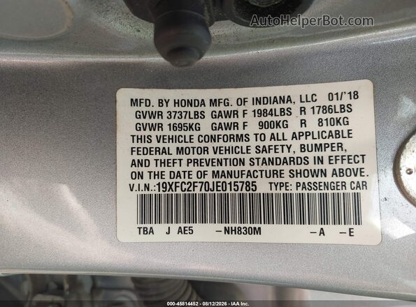 19XFC2F70JE015785 2018 HONDA CIVIC Silver Շարժիչի բաժամունքի տեսք
