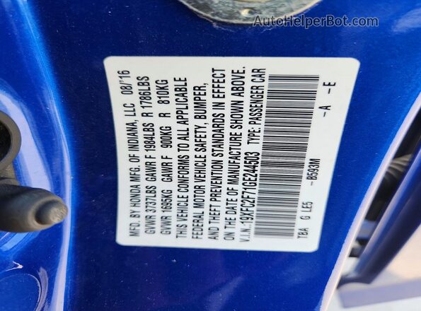 19XFC2F71GE244503 2016 HONDA CIVIC Blue Вид підкапотного простору