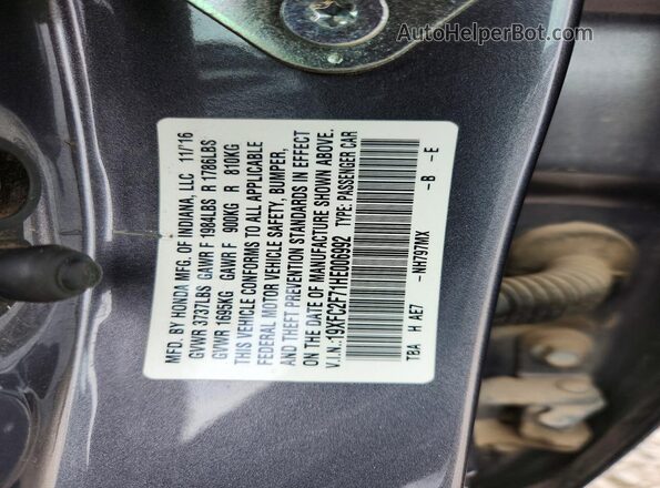 19XFC2F71HE006992 2017 HONDA CIVIC Gray Շարժիչի բաժամունքի տեսք