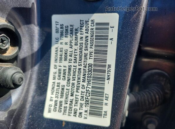 19XFC2F71HE033030 2017 HONDA CIVIC Gray VIN կոդի պիտակի տեսք