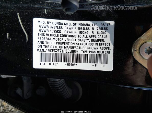 19XFC2F71HE058963 2017 HONDA CIVIC Black Շարժիչի բաժամունքի տեսք