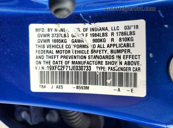19XFC2F71JE030733 2018 HONDA CIVIC Blue Vista del compartimento del motor