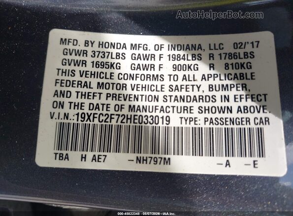 19XFC2F72HE033019 2017 HONDA CIVIC Gray Вид підкапотного простору