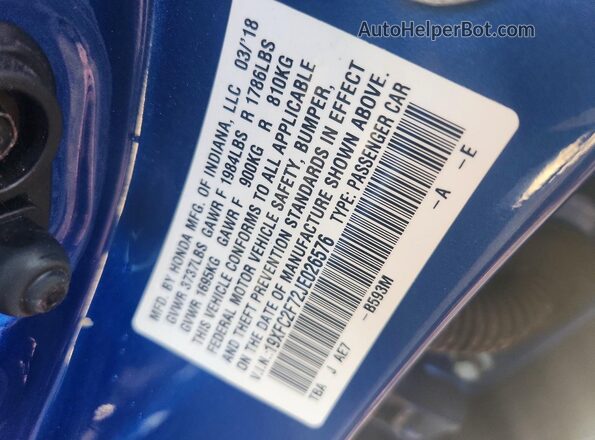 19XFC2F72JE026576 2018 HONDA CIVIC Blue Vista del compartimento del motor