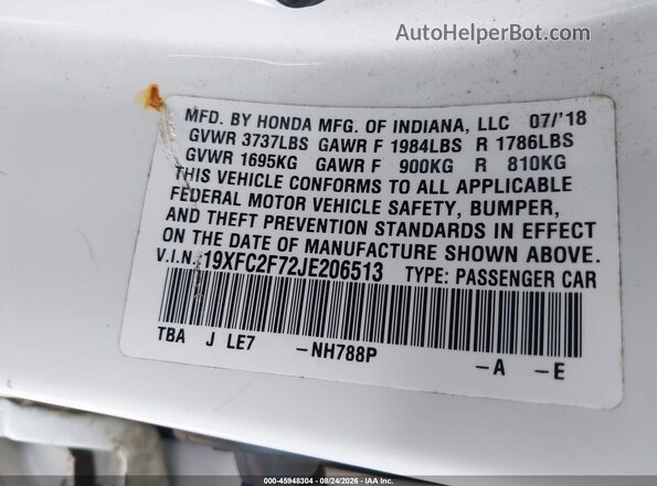 19XFC2F72JE206513 2018 HONDA CIVIC Белый Вид подкапотного пространства