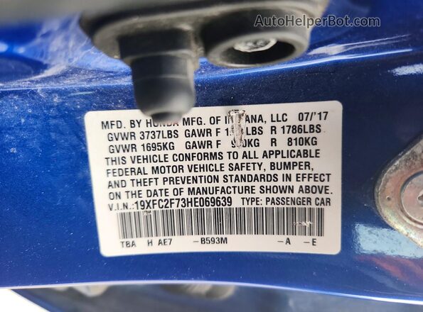 19XFC2F73HE069639 2017 HONDA CIVIC Синий Вид подкапотного пространства