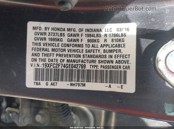 19XFC2F74GE042769 2016 HONDA CIVIC Gray Widok komory silnika