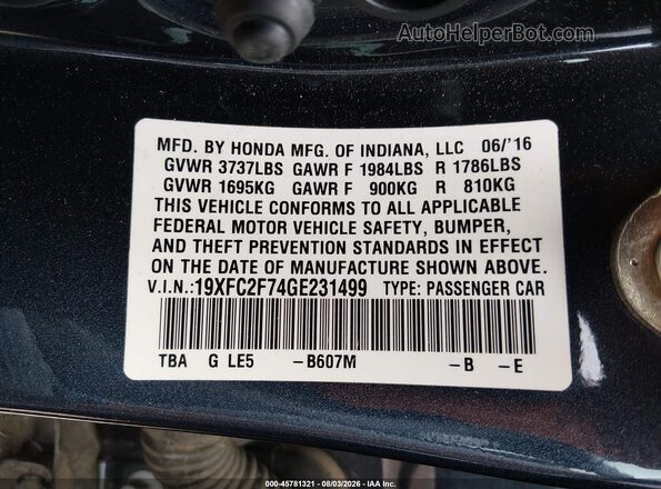 19XFC2F74GE231499 2016 HONDA CIVIC Navy Vista del compartimento del motor