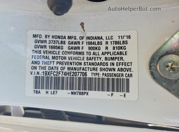 19XFC2F74HE207706 2017 HONDA CIVIC White Widok naklejki z numerem VIN