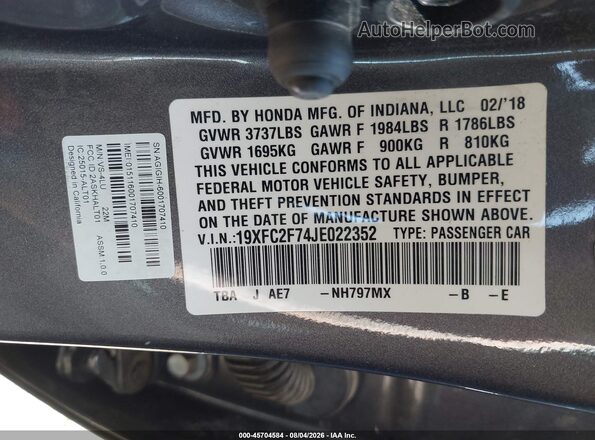 19XFC2F74JE022352 2018 HONDA CIVIC Gray Vista del compartimento del motor