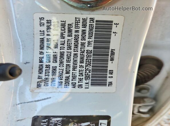 19XFC2F75GE016102 2016 HONDA CIVIC White VIN sticker view